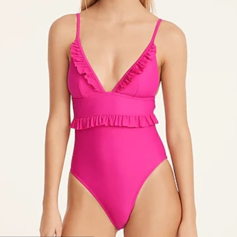NWT J. Crew Pink Ruffle Plunge Deep V One Piece Swimsuit